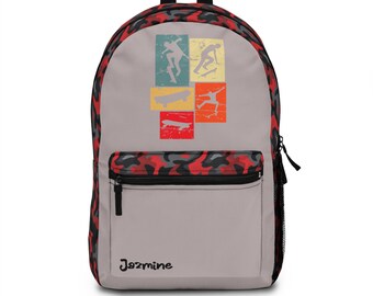 Personalize Name Skater Red Gray Camo Backpack School Travel Hiking Laptop Everyday Casual Backpack