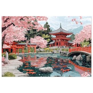May include: A red Japanese temple with a traditional roof sits in a garden with a pond full of orange fish.  Pink cherry blossoms are in bloom on the trees surrounding the pond.  A red bridge crosses the pond.