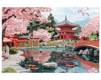 May include: A red Japanese temple with a traditional roof sits in a garden with a pond full of orange fish.  Pink cherry blossoms are in bloom on the trees surrounding the pond.  A red bridge crosses the pond.