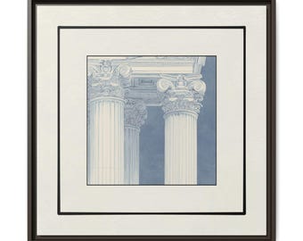 May include: A close-up of two white columns with intricate details, set against a blue background. The columns are part of a larger architectural structure, possibly a building or a temple.