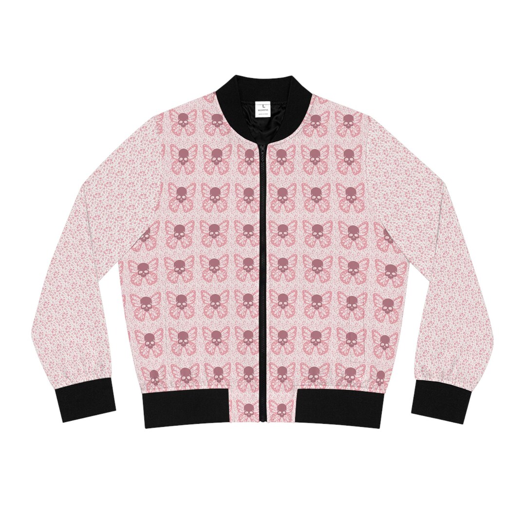 Rose Sugar Skull Skeleton Girly Floral Pattern Print Women Casual Bomber Jacket