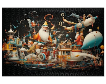 May include: A jigsaw puzzle featuring a complex, whimsical scene with a central bearded figure in an orange coat, surrounded by intricate structures, flying vessels, and smaller characters against a solid black background with many interlocking pieces.