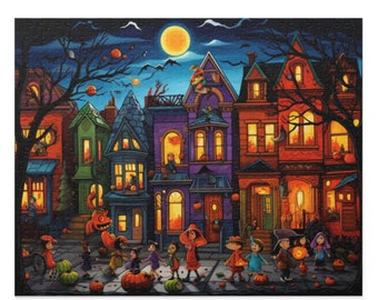 May include: A colorful illustration of a Halloween scene with trick-or-treaters in costumes walking down a street lined with houses decorated for Halloween. The houses have lit windows and pumpkins on the porches. A full moon shines brightly in the night sky.