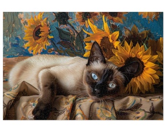 A Portrait of Siamese Cat Sunflower Conceptual Art style Puzzle (1000 pcs) Family Game Night Cat Lover Gift Adult Challenging Puzzle
