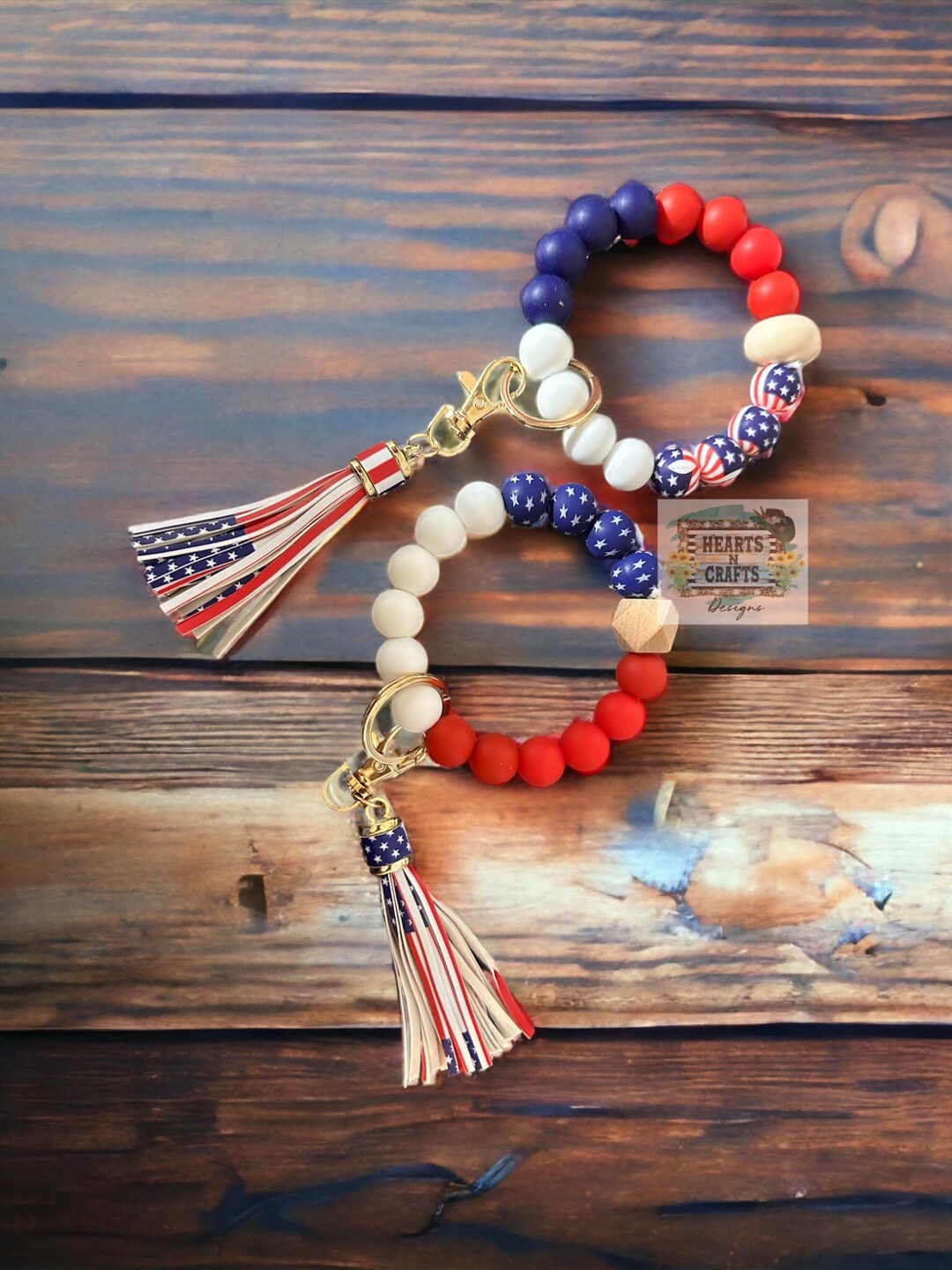 American Flag, Stars, America, USA Silicone Beaded Key Ring Bracelet ...