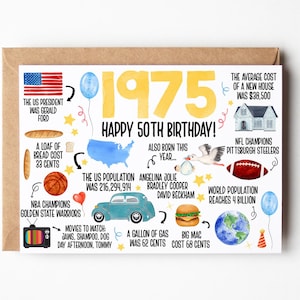 50th Birthday Card, Born In 1975 America Birthday Card, 50th Birthday Gift Men, Women, 50th Birthday Dad, Mom, Fun Facts 1975 United States