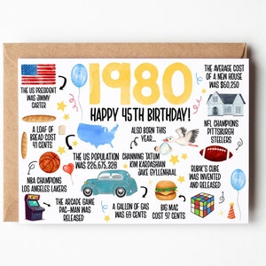 45th Birthday Card, Born In 1980 America Birthday Card, 45th Birthday Gift Men, Women, 45th Birthday Dad, Mom, Fun Facts 1980 United States