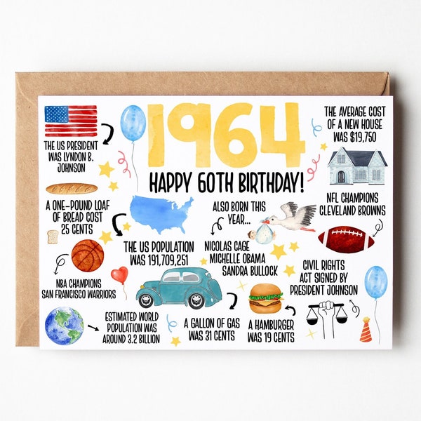 60th Birthday Card, Born In 1964 America Birthday Card, 60th Birthday Gift Men, Women, 60th Birthday Dad, Mom, Fun Facts 1964 United States