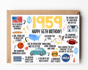 65th Birthday Card, Born In 1959 America Birthday Card, 65th Birthday Gift Men, Women, 65th Birthday Dad, Mom, Fun Facts 1959 United States