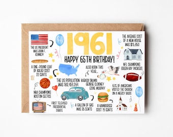 65th Birthday Card, Born In 1961 America Birthday Card, 65th Birthday Gift Men, Women, 65th Birthday Dad, Mom, Fun Facts 1961 United States