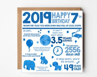 7th Birthday Card For Boy, 7th Birthday Card Son Grandson, 7 Year Old Birthday Card, 7th Birthday Gift Boy, Born In 2019 Card, Fun Fact Card
