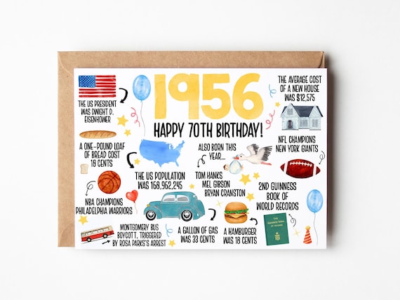 70th Birthday Card, Born In 1956 America Birthday Card, 70th Birthday Gift Men, Women, 70th Birthday Dad, Mom, Fun Facts 1956 United States