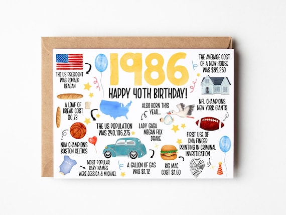 40th Birthday Card, Born In 1986 America Birthday Card, 40th Birthday Gift Men, Women, 40th Birthday Dad, Mom, Fun Facts 1986 United States
