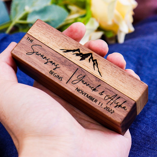 Personalized Wedding Ring Box, Wide Wood Double Ring Box, Ring Bearer Box, Slim Unique Ring Holder, Ring Box Proposal, Modern Rustic Wedding