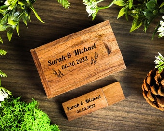 Thin Walnut USB Flash Drive & Wooden USB Box Set - Custom Engraved USB Set - Video or Photography Wedding usb Packaging, Mother's Day Gift