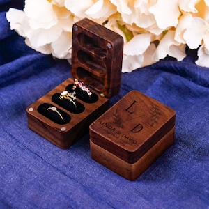 Personalisierte Hochzeit Ring Box Benutzerdefinierte Holz Ring Box Verlobungsring Box Ringträger Drei Slots Ring Box Vorschlag Gravur Ringhalter