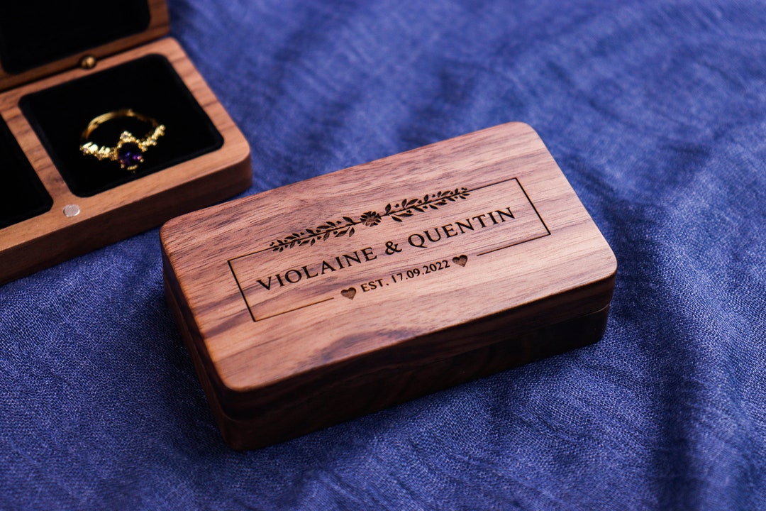Personalized Wedding Ring Box, Engraved Walnut Engagement Proposal Ring Box, Ring Box Proposals