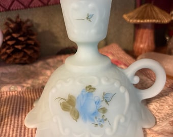Fenton Custard Blue Satin Finger loop Candlestick holder