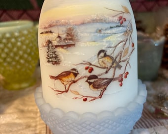 Fenton Fairy Lamp Blue Painted Winter Scene Snow chickadee birds