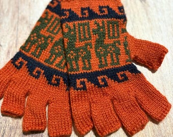 Fingerlose Fäustlinge aus Alpaka-Mischgewebe, Lama-Anden-Design, hergestellt in Peru, verschiedene Farben