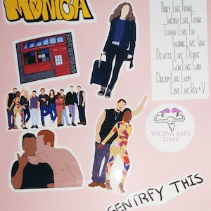 May include: A collection of stickers on a pink background. Stickers include the name "Monica" in yellow bubble letters, a red brick building, and various character illustrations. Text on a white sticker reads "Party Like Frank". Another sticker says "Vagina Safe Zone".