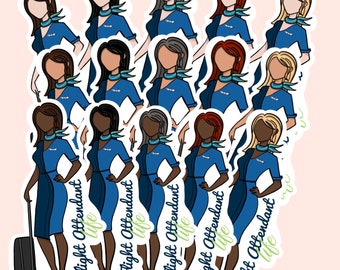 May include: A sticker sheet featuring illustrations of flight attendants in blue uniforms with teal scarves. The text "Flight Attendant Life" is written in a script font. The sticker sheet has a light pink background.