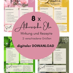 Könnte beinhalten: Ein digitaler Download-Grafik mit acht ätherischen Ölprofilen, die ihre physischen und emotionalen Wirkungen beschreiben. Das Design verwendet rosa und gelbe Farbtöne, mit dem Text "Atherische Öle" und "digitaler DOWANLOAD".