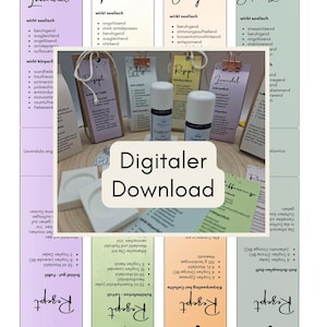 Op de afbeelding: Een digitale download met receptkaarten voor essentiële oliën met verschillende voordelen. De kaarten zijn in pastelkleuren en bevatten tekst in het Duits. Op de achtergrond zijn verschillende essentiële olieflessen te zien, samen met een bord met de tekst "Digitaler Download".