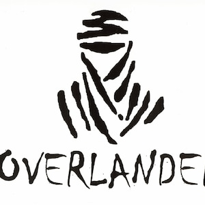 May include: Black and white logo of a stylized head wearing a headscarf with the word "OVERLANDER" written below.
