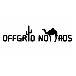 May include: Black and white graphic design with the text "OFFGRID NOMADS" and a silhouette of a cactus and a camel.