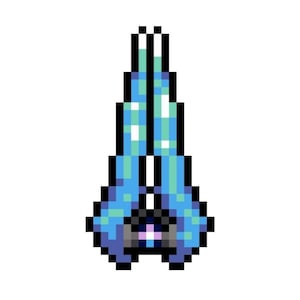 Puede incluir: Una representación de arte de píxeles de una nave espacial azul y verde con un interior en blanco y negro. La nave espacial está apuntando hacia arriba.