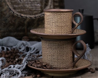 Ceramic Tea Cups and Saucers 4oz 8oz Cappuccino Cups Coffee Cups Brown Green Tea Cup Set Rustic Vintage Latte Cups Espresso Mug with Handle