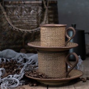 Ceramic Tea Cups and Saucers 4oz 8oz Cappuccino Cups Coffee Cups Brown Green Tea Cup Set Rustic Vintage Latte Cups Espresso Mug with Handle