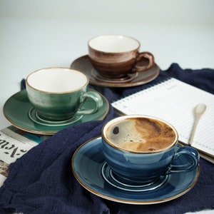 Ceramic Handmade Tea Cup and Saucer Cappuccino Cup Latte Cup Demitasse Espresso Cups 6oz for Specialty Coffee Drinks Cafe Mocha Milk and Tea