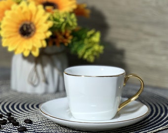 Tea Cups Coffee Cup Espresso Cup Ceramic High Quality White Suet Jade Porcelain 7.50 ounces with Golden Rim and Handle