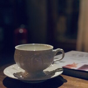 May include: A white porcelain teacup and saucer with a floral design. The cup has a handle and the saucer has a scalloped edge.