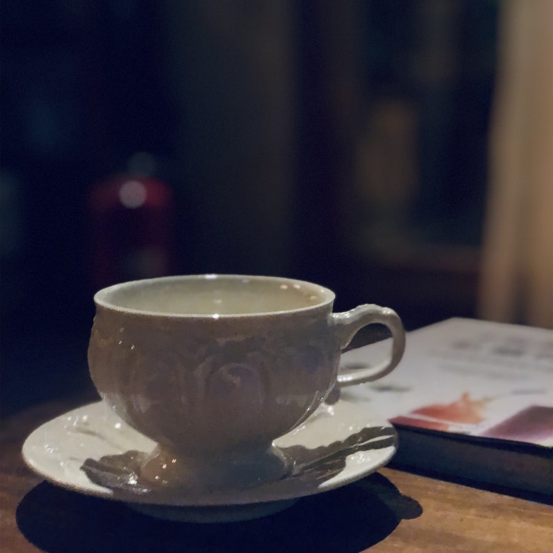 May include: A white porcelain teacup and saucer with a floral design. The cup has a handle and the saucer has a scalloped edge.
