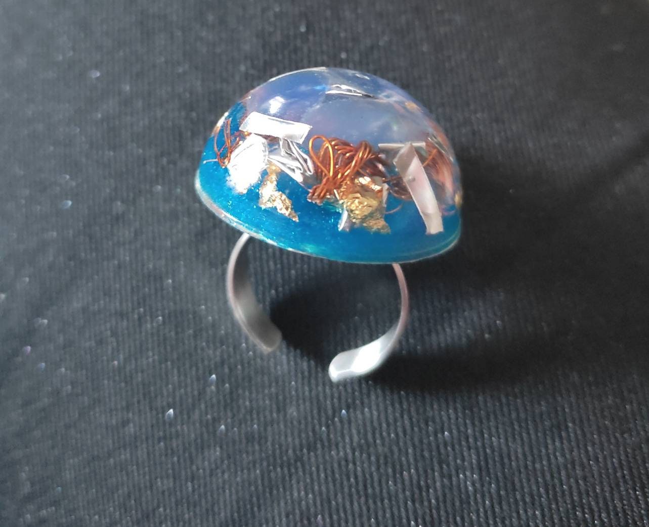 Bague Acier Ajustable Orgonite Agate Bleue