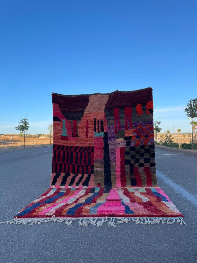 Abstract Colorful Moroccan Rug: Handmade Wool Beni Ourain Carpet