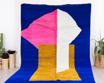 Moroccan Blue Wool Berber Rug: Handmade Geometric Area Rug
