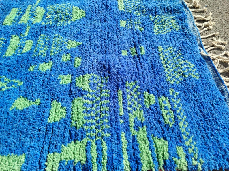 May include: A blue and green patterned rug with a fringe border. The rug is made of a soft, fluffy material.