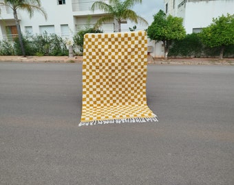 Yellow Checkered Moroccan Rug: Shaggy Boho Carpet