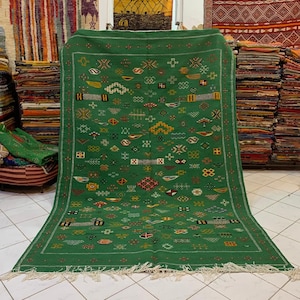 Vintage Moroccan Green Rug.Authentic Handwoven Berber Wool Carpet”