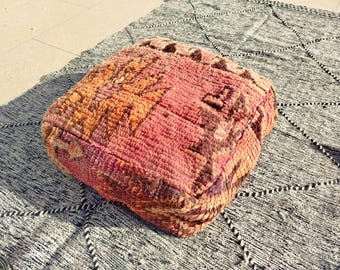 Vintage Moroccan Floor Pouf – Handwoven Berber Cushion from Boujad Rug – Boho Tribal Ottoman"
