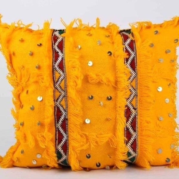 Moroccan Pillow, Handmade Wool Cushion, Checkerboard Pillow, Custom Moroccan Cushion, White and Orange Pillow.