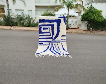 Handmade Beni Ourain Rug: Blue Bohemian Moroccan Wool Carpet