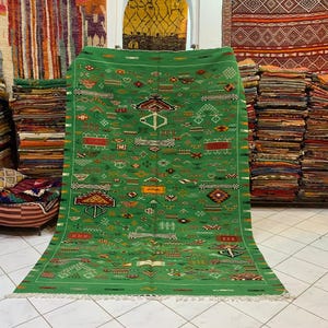 Vintage Moroccan Green Rug.Authentic Handwoven Berber Wool Carpet”