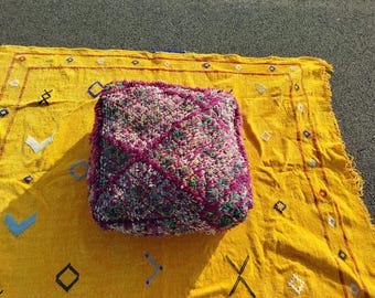 Vintage Moroccan Floor Pouf – Handwoven Berber Cushion from Boujad Rug – Boho Tribal Ottoman"