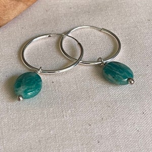Sterling Silver Jade Hoop Earrings, Dangle Gemstone Earrings Image 1