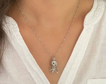 Skull Pearl Cage Pendant, Sterling Silver Necklace, Halloween Gift